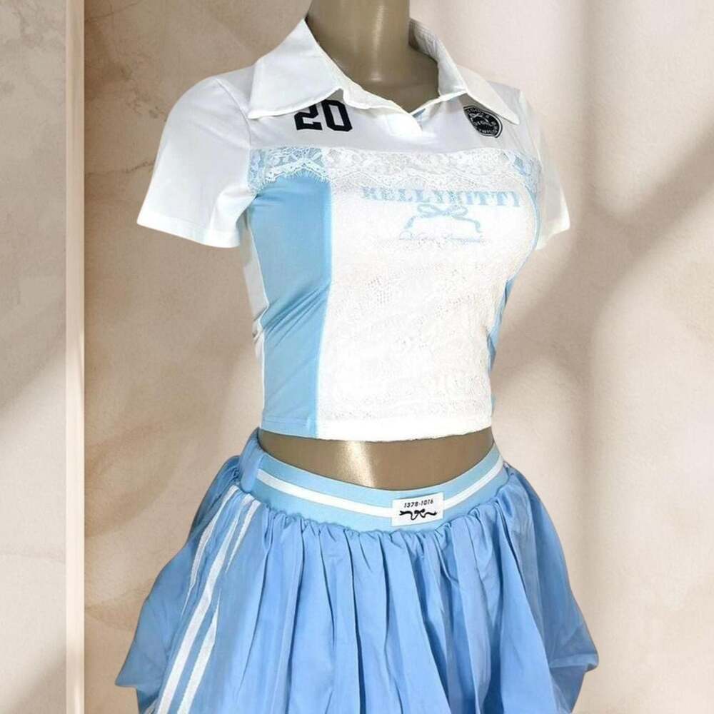 Light Blue Pleated Tennis Skort And Lace Shirt Set